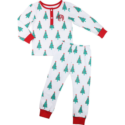 Green And Red Christmas Tree Print Knit Pajamas