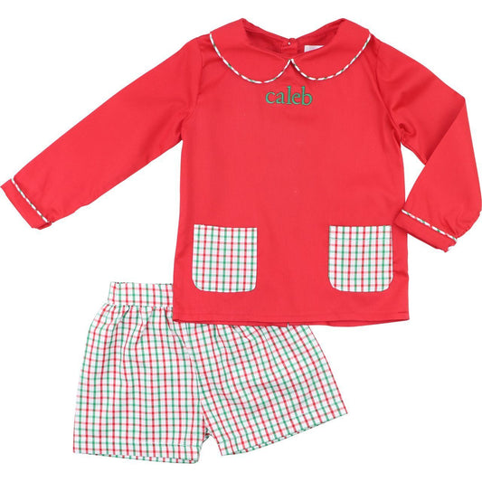 Red And Green Windowpane Short Set