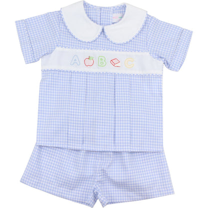 Blue Gingham Shadow Embroidered ABC Short Set