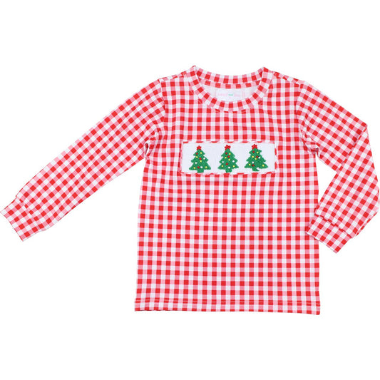 Red Check Knit Smocked Christmas Tree Shirt