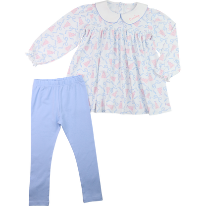 Blue And Pink Knit Christmas Tree And Bow Legging Set