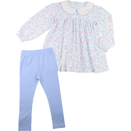 Blue And Pink Knit Christmas Tree And Bow Legging Set