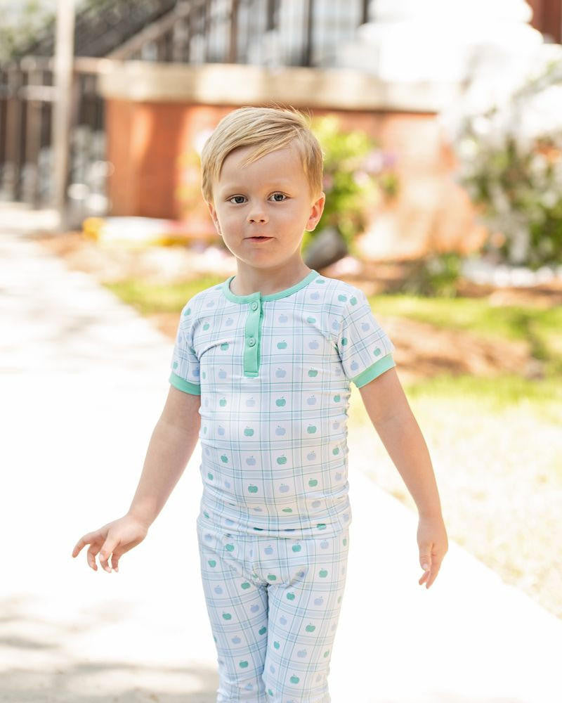 Green And Blue Knit Apple Pajamas   Smocked Threads