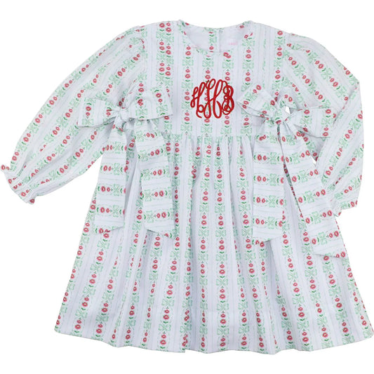 Green and Red Holiday Floral Bow Dress