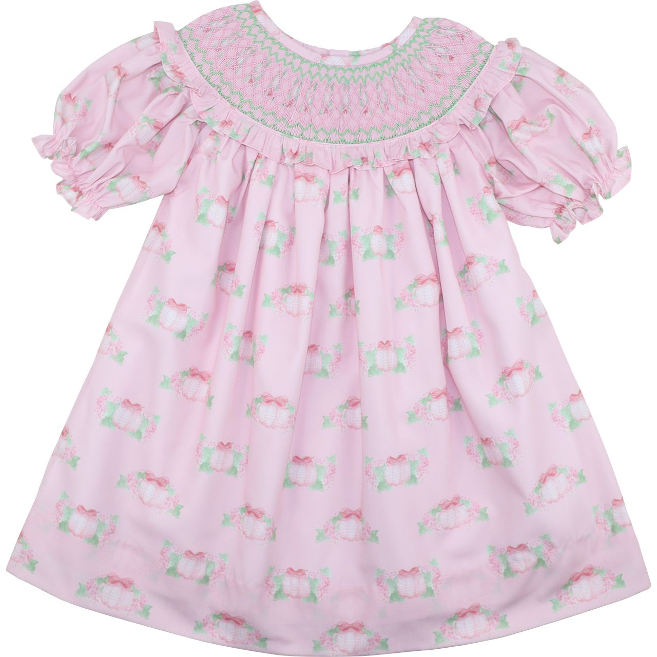 Pink And Green Smocked Pumpkin Print Dress