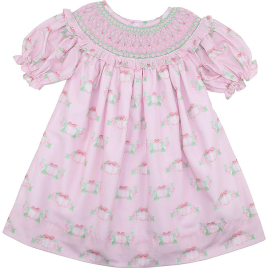 Pink And Green Smocked Pumpkin Print Dress