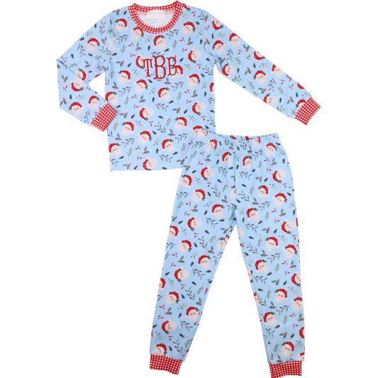 Blue Knit Santa And Holly Pajamas