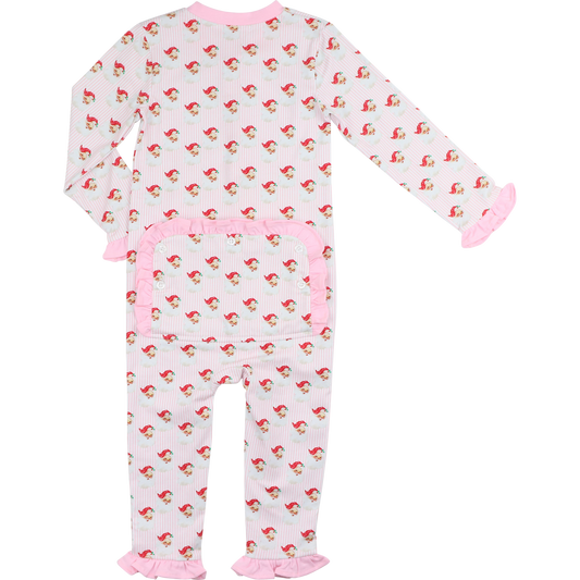 Pink And Red Gingham Knit Santa Face Zipper Pajamas