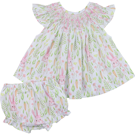 Pink Smocked Bunny And Carrot Diaper Set