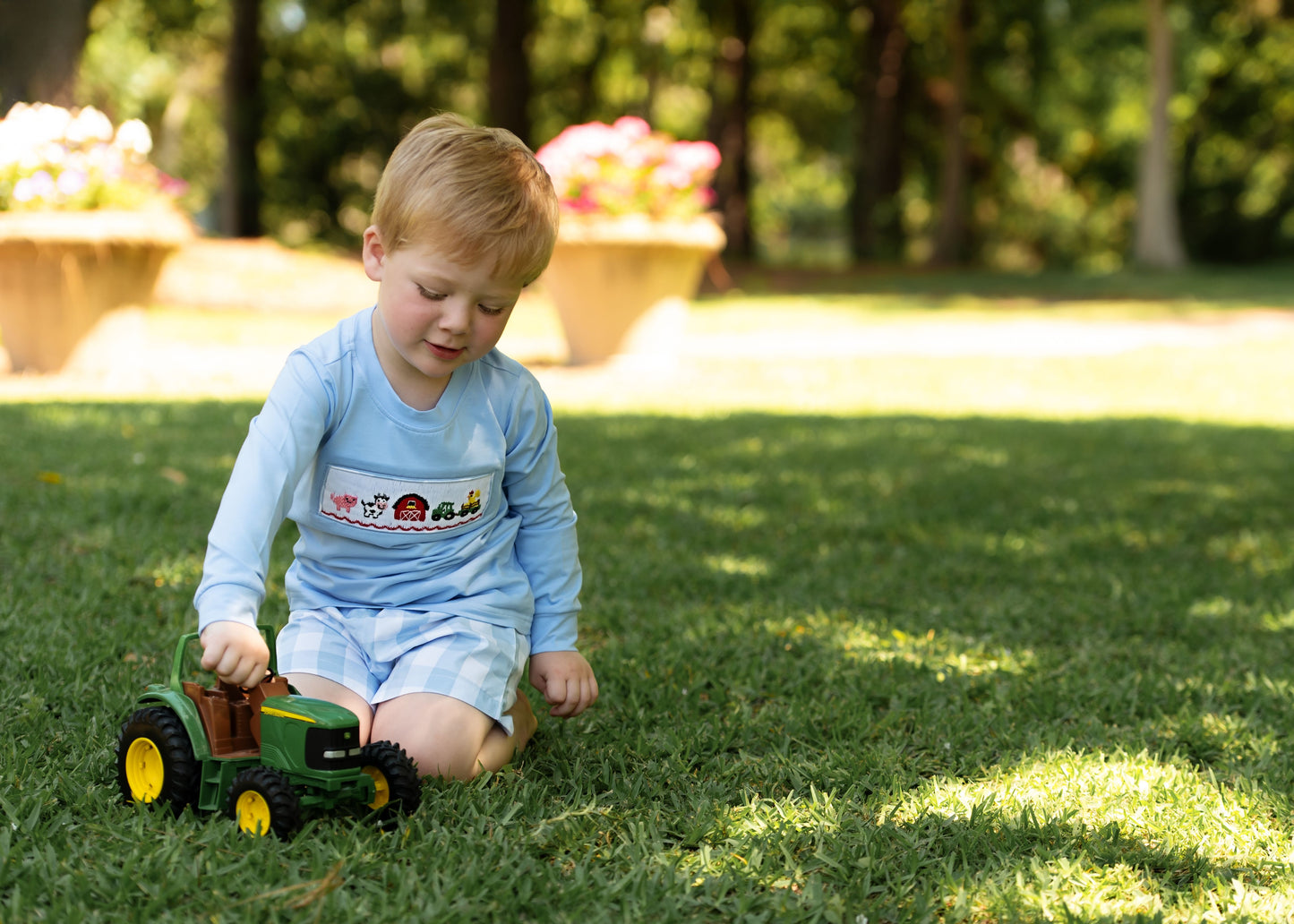 Blue Buffalo Check Smocked Farm Short Set