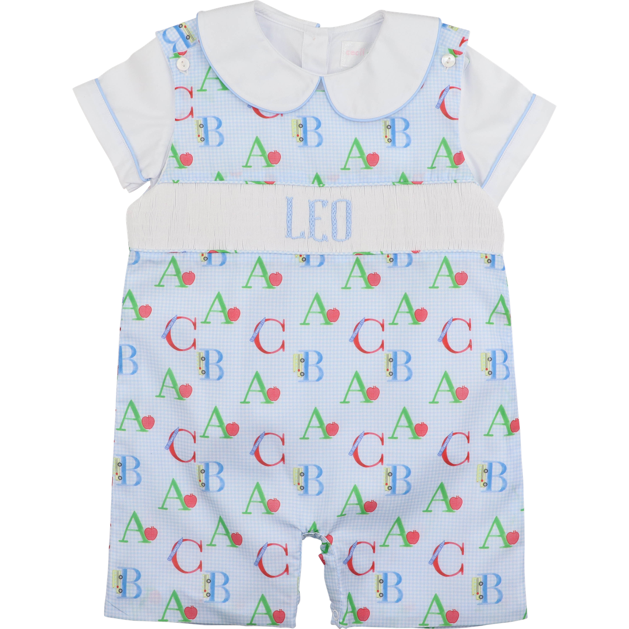 Blue Gingham Custom Smocked Alphabet Jon Jon Set