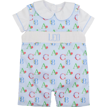Blue Gingham Custom Smocked Alphabet Jon Jon Set