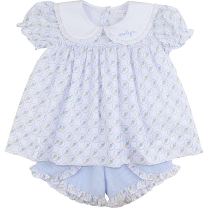 Blue Pencil And Bow Short Set