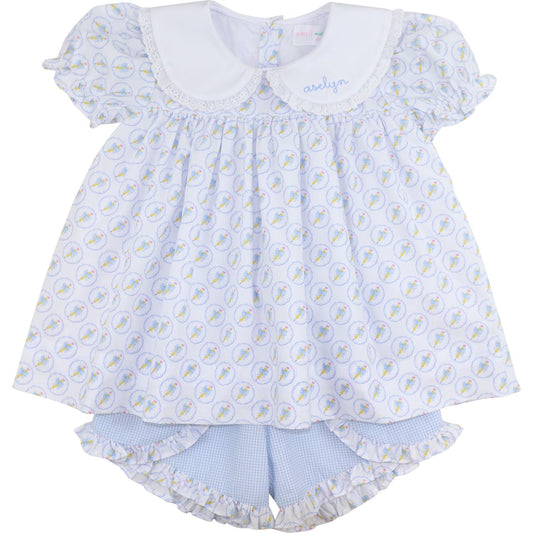 Blue Pencil And Bow Short Set