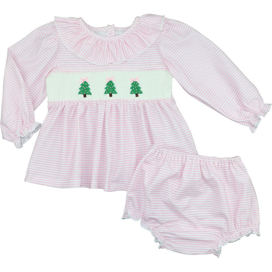 Pink Stripe Knit Smocked Christmas Tree Diaper Set