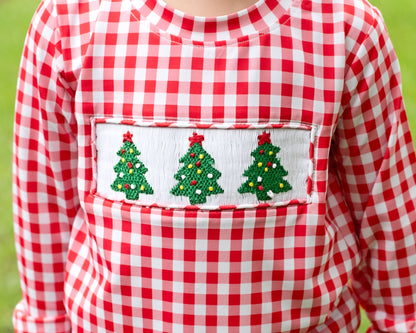 Red Check Knit Smocked Christmas Tree Shirt