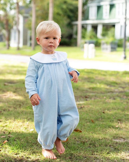 Blue Corduroy Embroidered Cupcake Long Romper