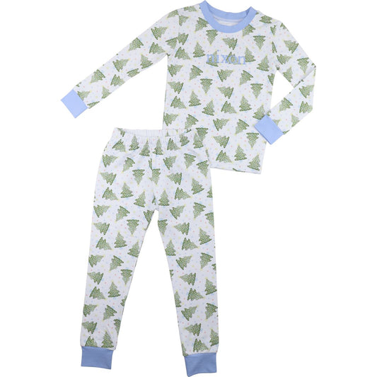 Blue Knit Christmas Tree Print Pajamas