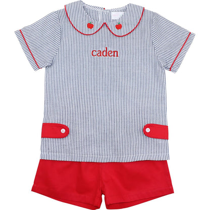 Navy Seersucker Apple Short Set