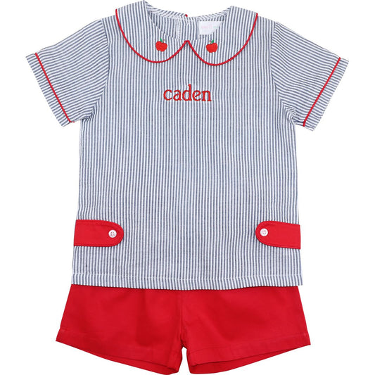 Navy Seersucker Apple Short Set