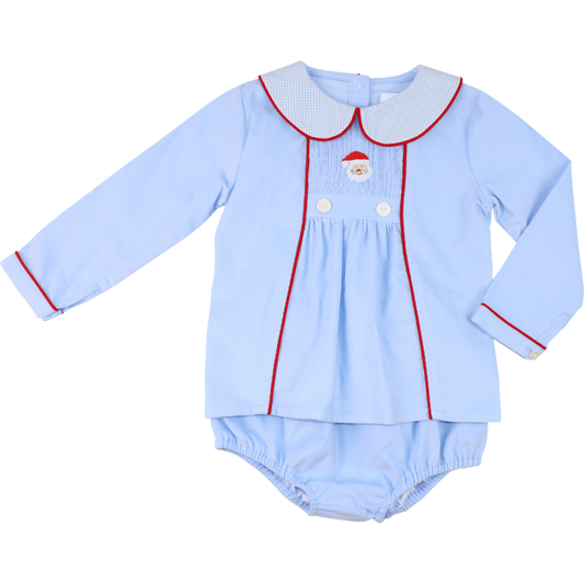 Blue And Red Corduroy Smocked Santa Diaper Set