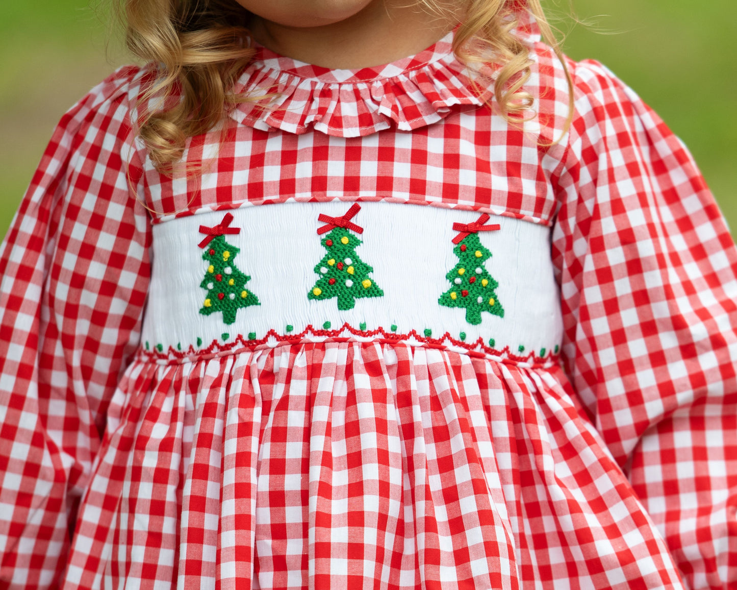 Red Check Smocked Christmas Tree Diaper Set