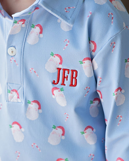 Blue Knit Santa Print Polo Shirt