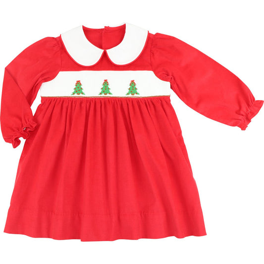 Red Corduroy Smocked Christmas Tree Dress