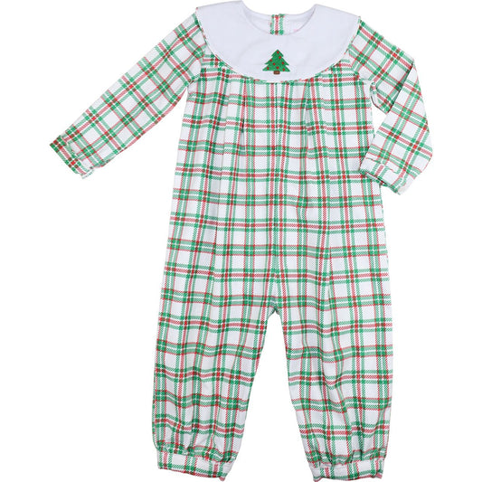 Corduroy Plaid Embroidered Christmas Tree Long Romper