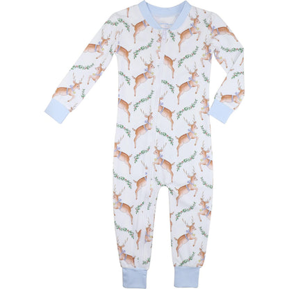Blue Knit Gingham Reindeer Zipper Pajamas
