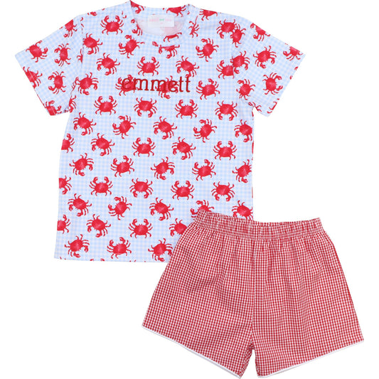 Red And Blue Gingham Crab Short Set