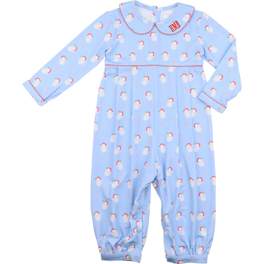 Blue Knit Santa Print Long Romper