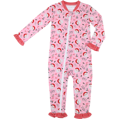 Pink Knit Santa And Holly Zipper Pajamas
