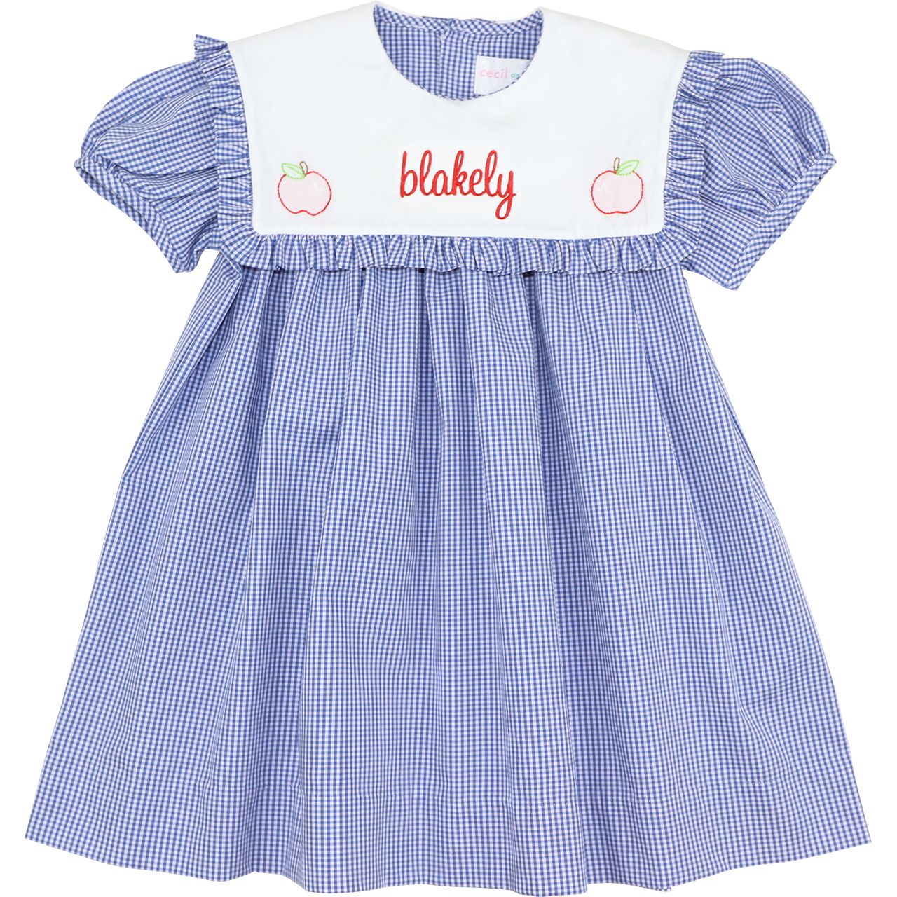 Navy Gingham Shadow Embroidered Apple Dress