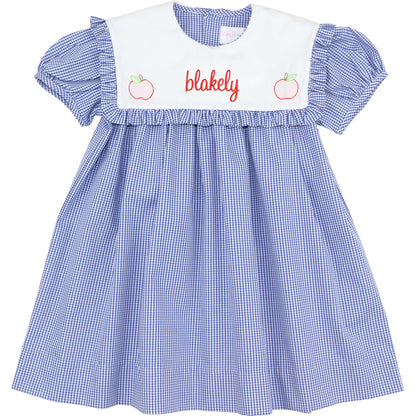 Navy Gingham Shadow Embroidered Apple Dress