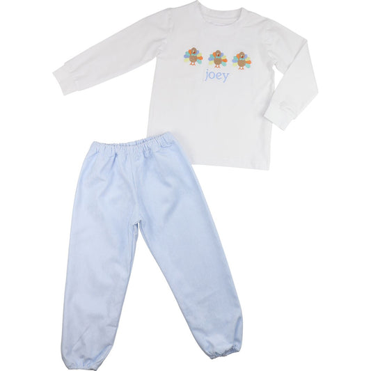 Blue Gingham Corduroy Embroidered Turkeys Pant Set