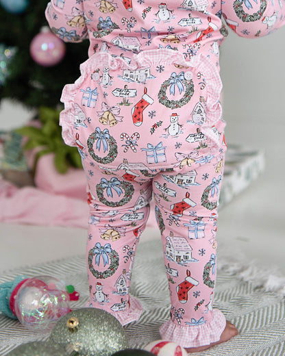 Pink Knit Christmas Print Zipper Pajamas