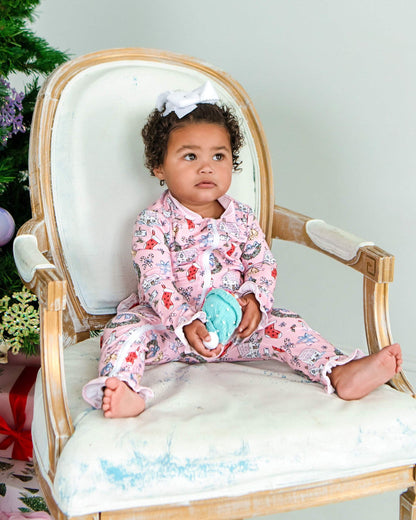 Pink Knit Christmas Print Zipper Pajamas