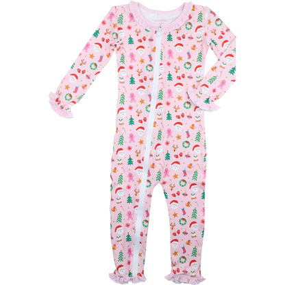 Pink Knit Yuletide Print Zipper Pajamas