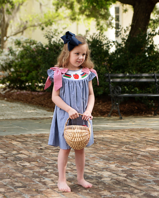 Navy Gingham Smocked Books And Apple Dress