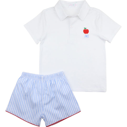 Blue Striped Apple Polo Short Set