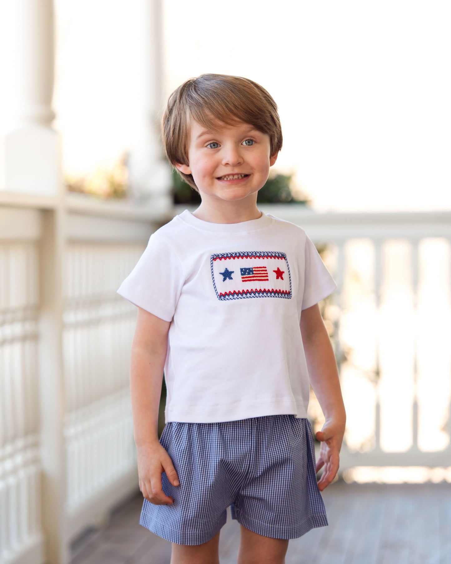 Navy Gingham Smocked Flag And Star Short Set