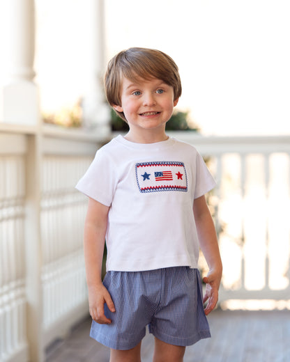 Navy Gingham Smocked Flag And Star Short Set