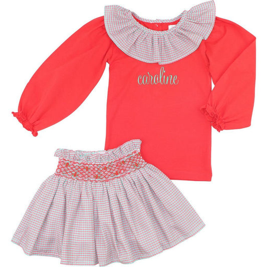 Red And Green Windowpane Smocked Rosebud Skirt Set