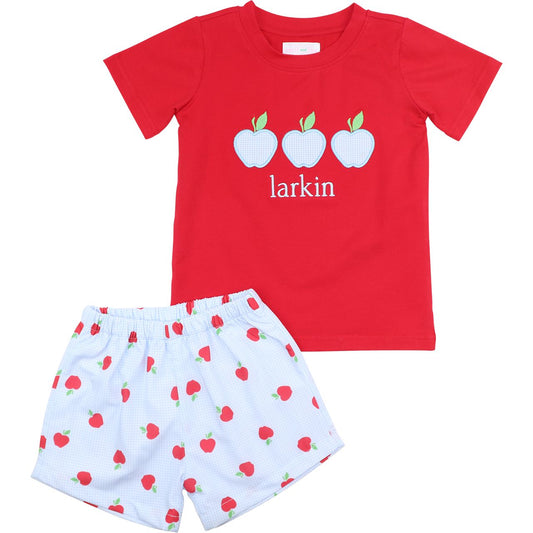 Blue Gingham Applique Apple Short Set