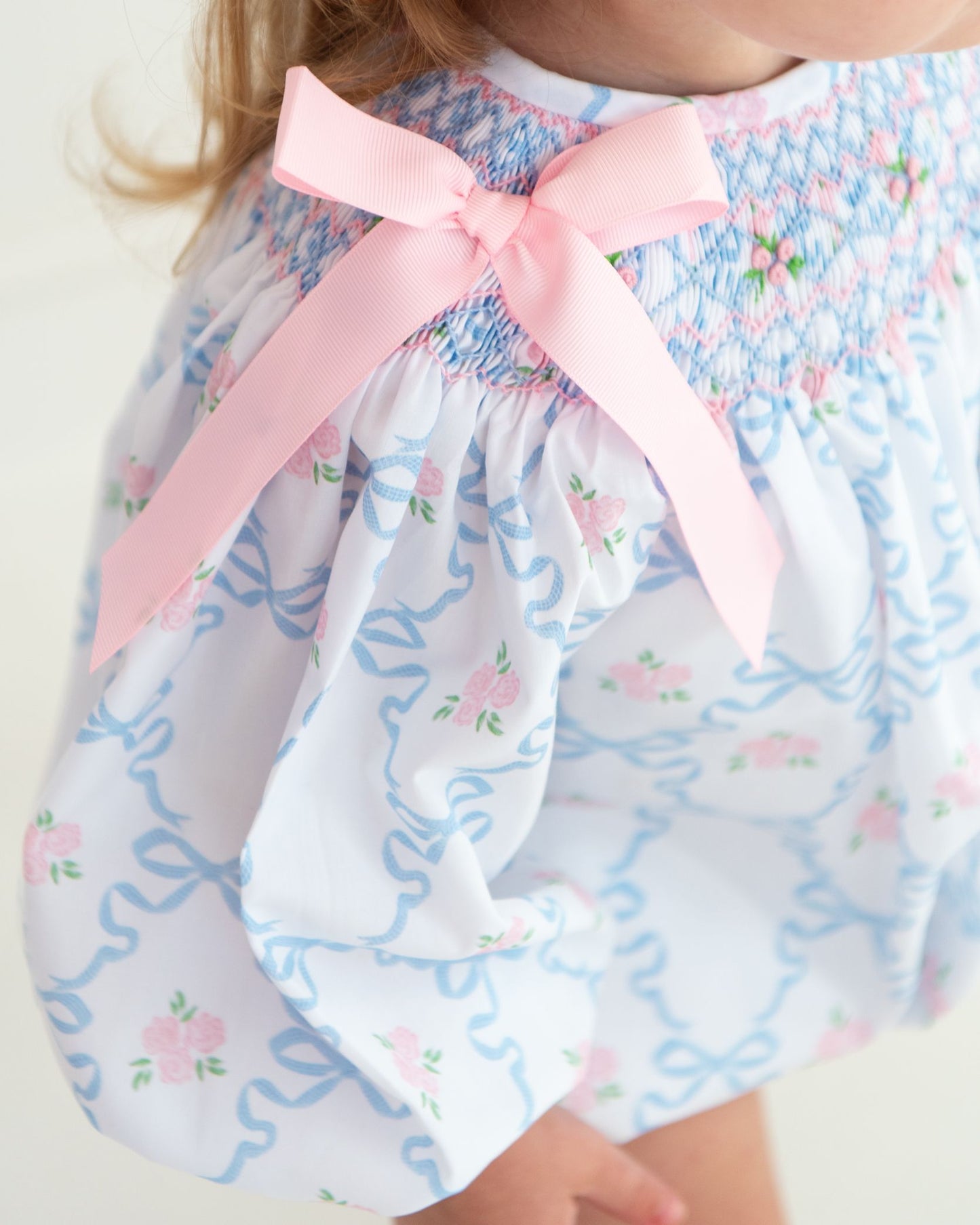 Pink And Blue Ribbon And Rose Smocked Bubble
