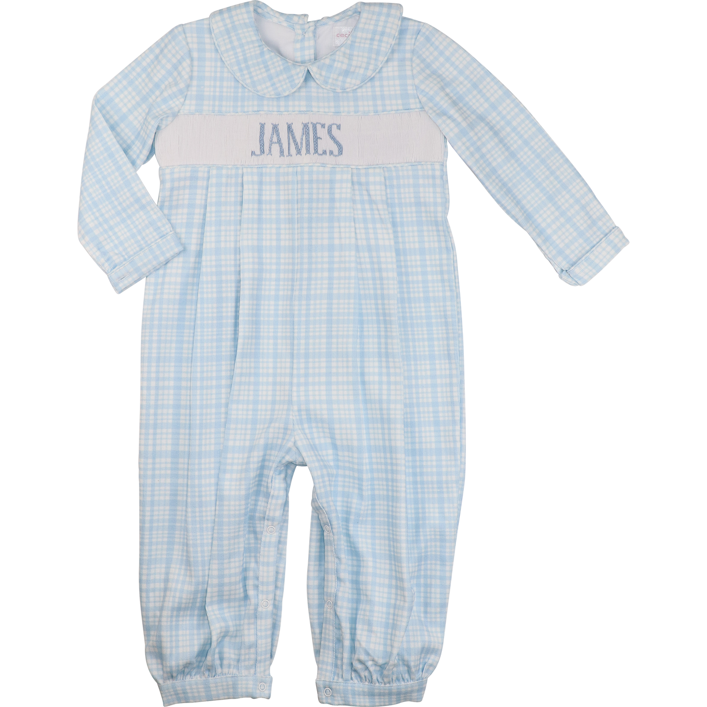 Blue Plaid Corduroy Custom Smocked Long Romper