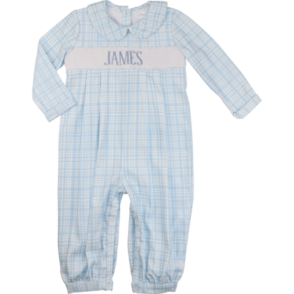 Blue Plaid Corduroy Custom Smocked Long Romper
