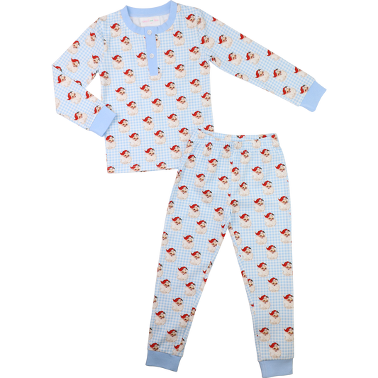 Blue Gingham Knit Santa Pajamas