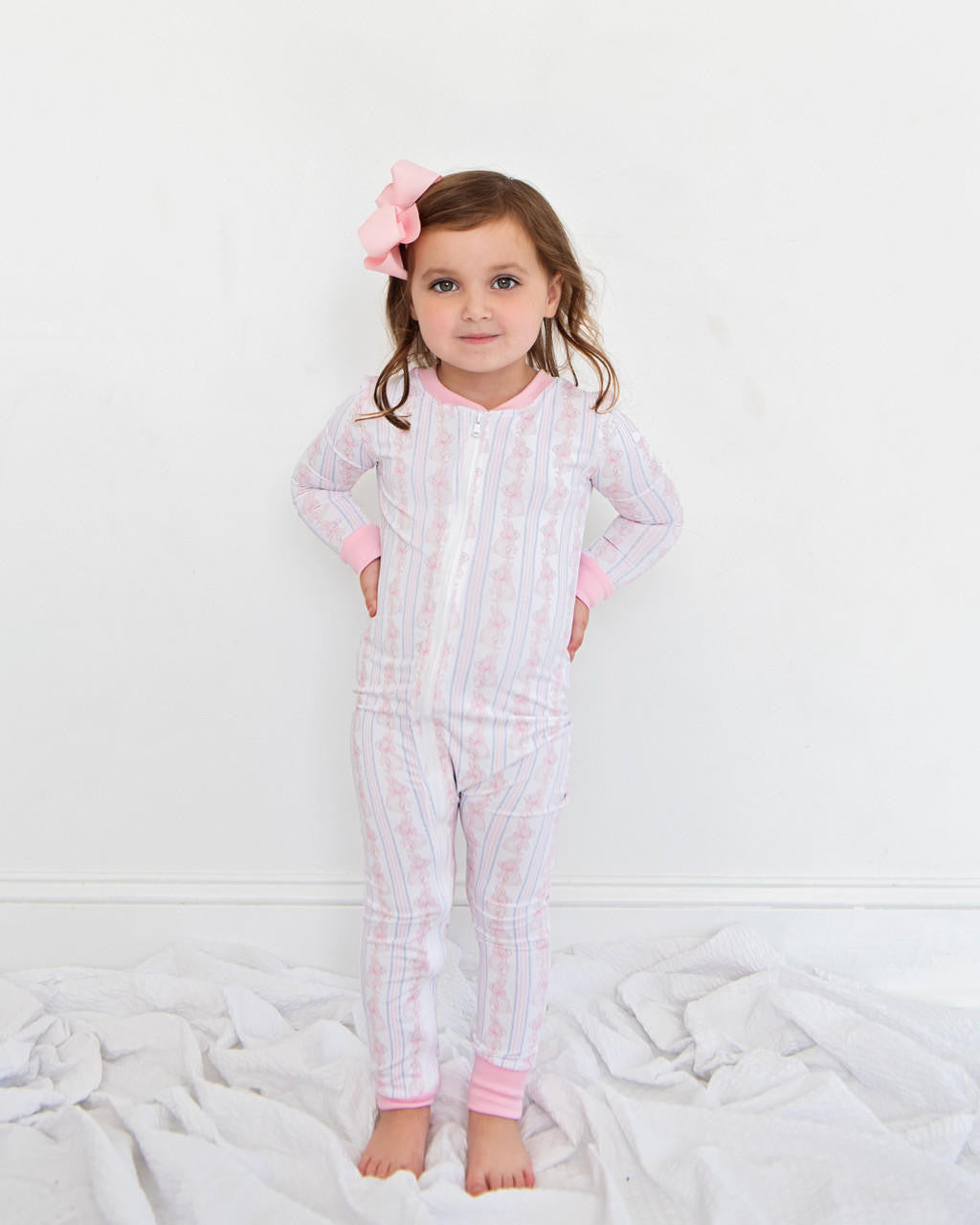 Pink Bunny And Bow Knit Zipper Pajamas  Monogram